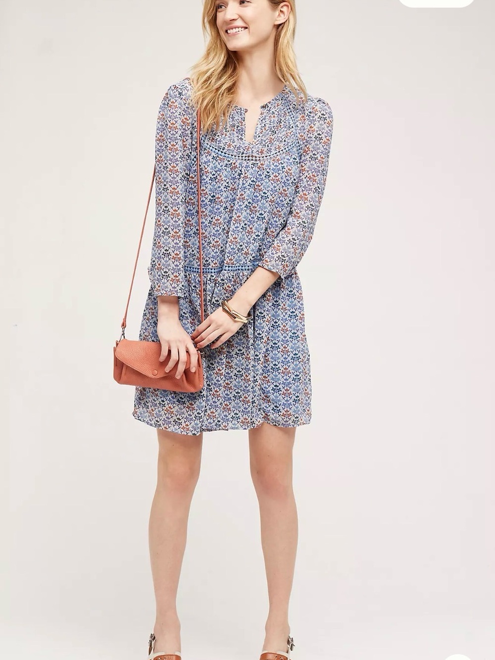 Anthropologie Holding Horses Betony Floral Blue Shift Peasant Dress with Slip